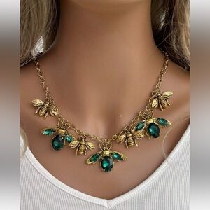 New Elegant Gold and  Imitation Emerald Bee Charm Necklace